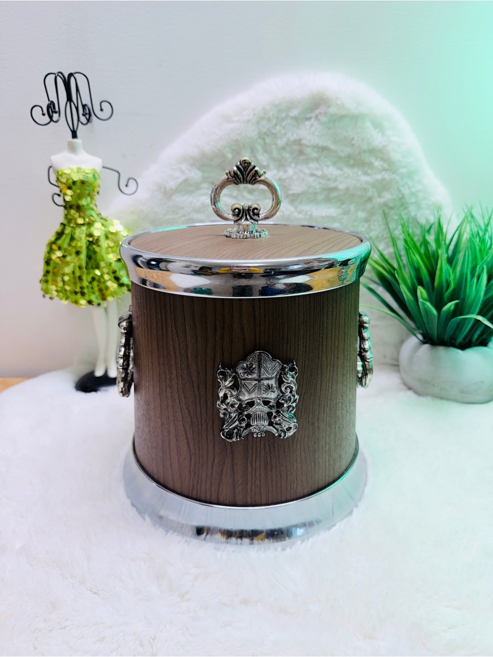 Faux Woodgrain Ice Bucket with Chrome Medieval 🏰 Accents